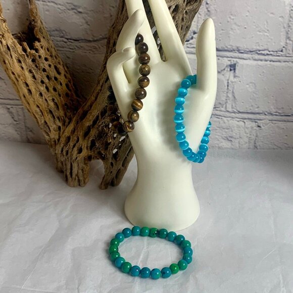 3 Glass Stretch Bracelets - Cat's Eye - Tiger's Eye - Glass Bead - Picture 5 of 6